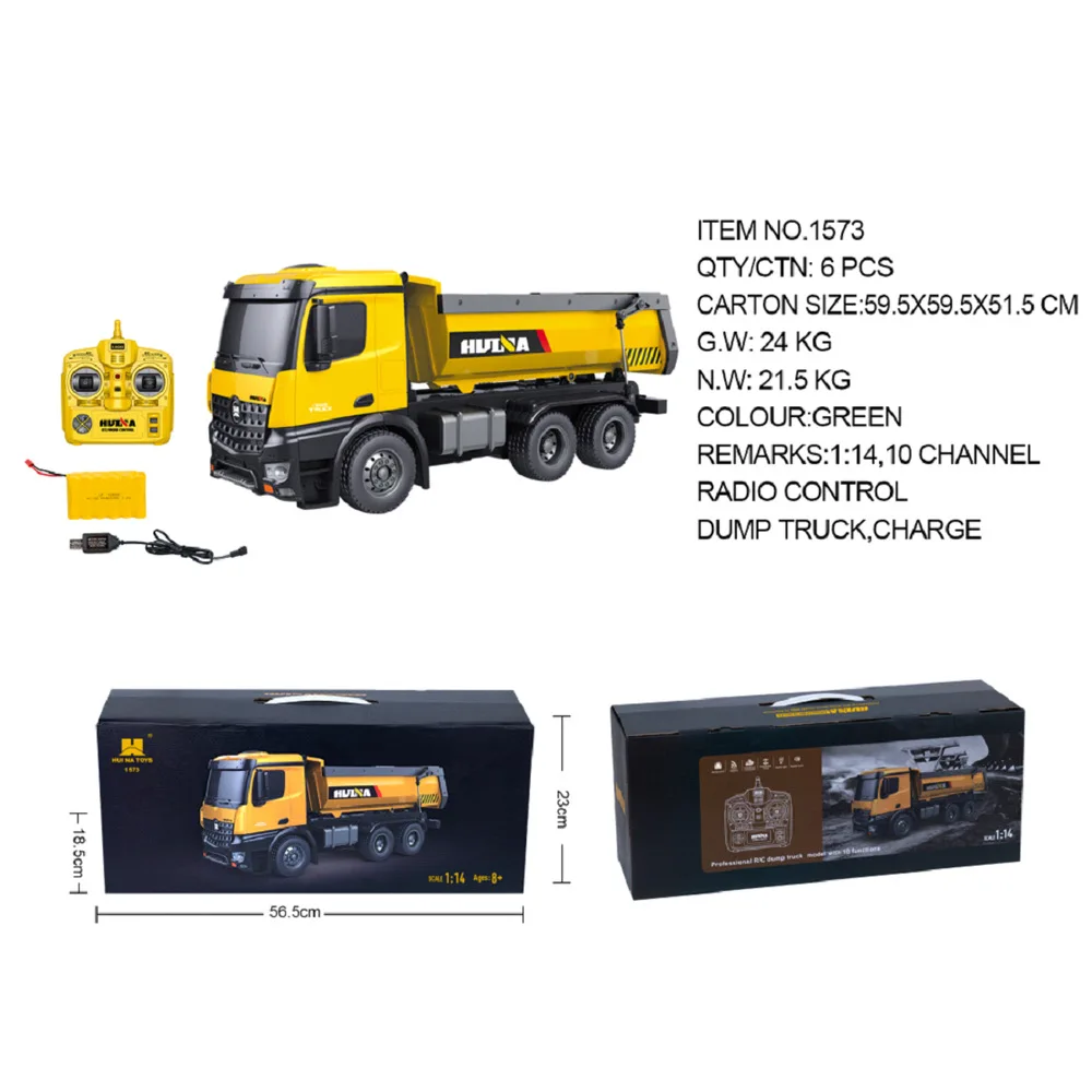 HUINA TOYS 1573 1/14 10CH Alloy RC Dump Trucks Engineering Construction Car Remote Control Vehicle Toy RTR RC Truck Gift for Boy