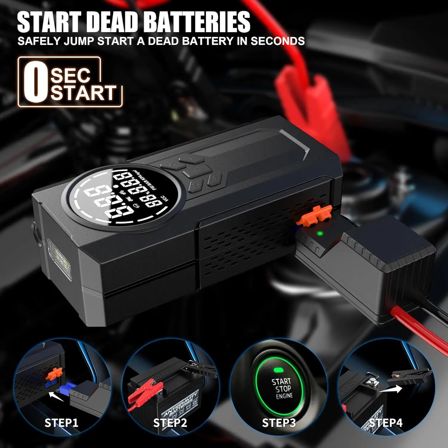 Multifunctional 4-in-1 Jump Starter with Inflator and Power Bank  LED Light Jump Starter with Inflator Car Booster with Digital