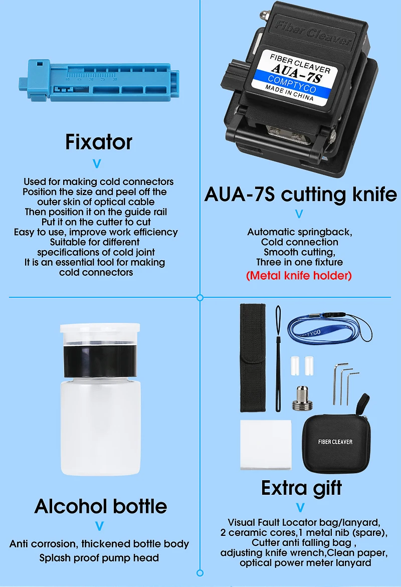 COMPTYCO AUA-M7 cable tool set Optical fiber cutter Optical power meter -70+~10dbm Visual fault locator Optical fiber tool kit manufacture