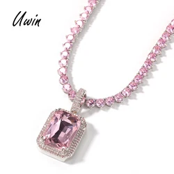 Iced Out Bling Pink Tennis Chain Gem Red Green Blue Pink Ruby Charm Custom Rapper Pendant Necklace Women Men Gift
