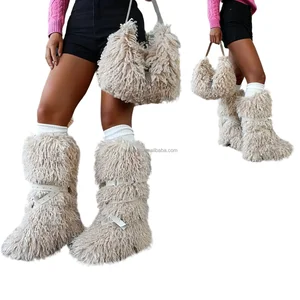 BUSY GIRL RS9252 2026 Faux Fur Boots for Women Medium Coffee Custom Winter Boots Fur Boots and Bag Set Breathable Women Shoes