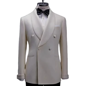 MTM Customizable White Woolen Fabric Double-Breasted Tuxedo Suit Blazer Shawl Lapel Plus Size Breathable Made-to-Measure for Men