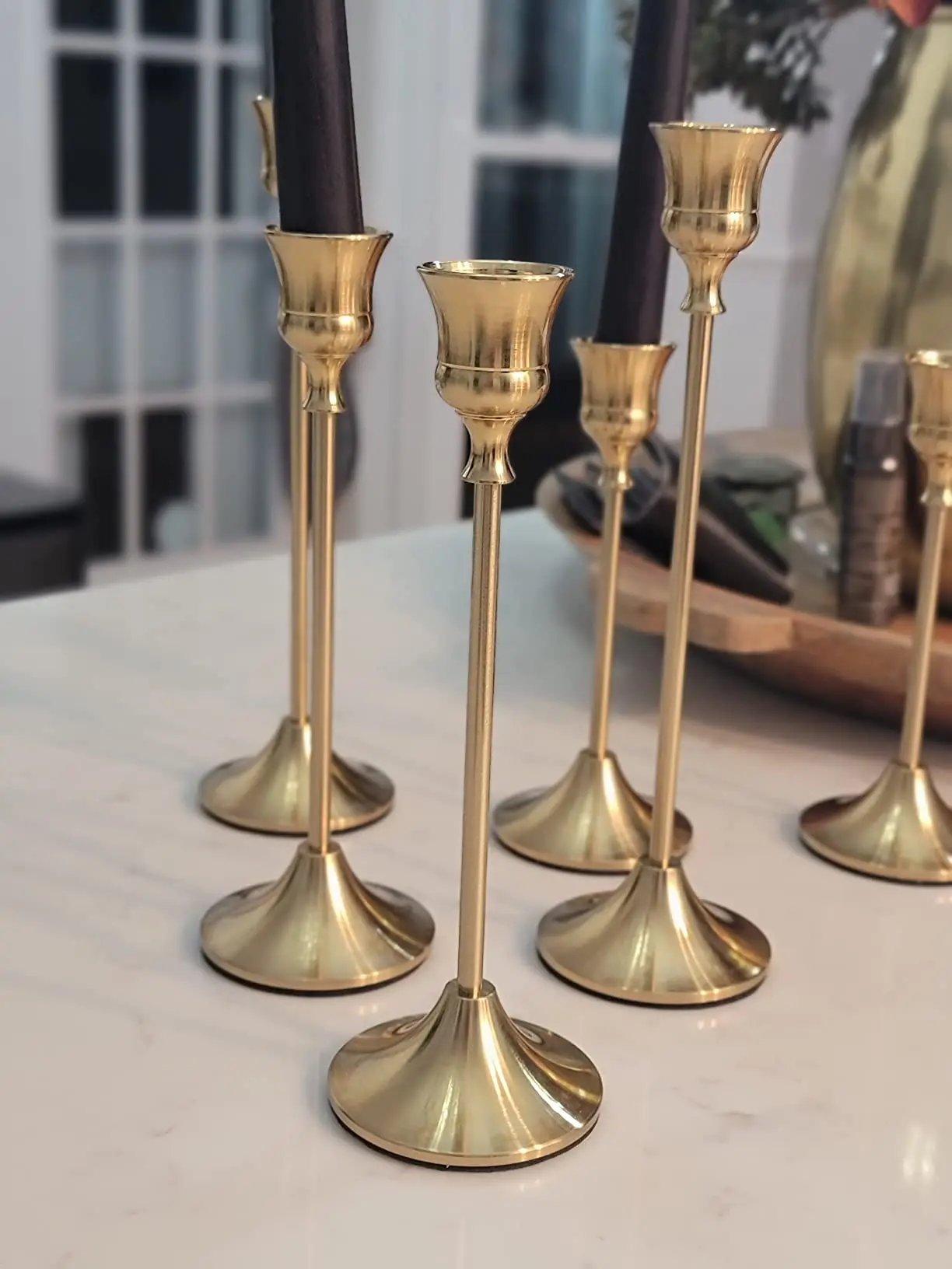 Antique Minimalist Brass Long Stemmed Tapered Candle Holder Stick Set Holders Decorative Gold