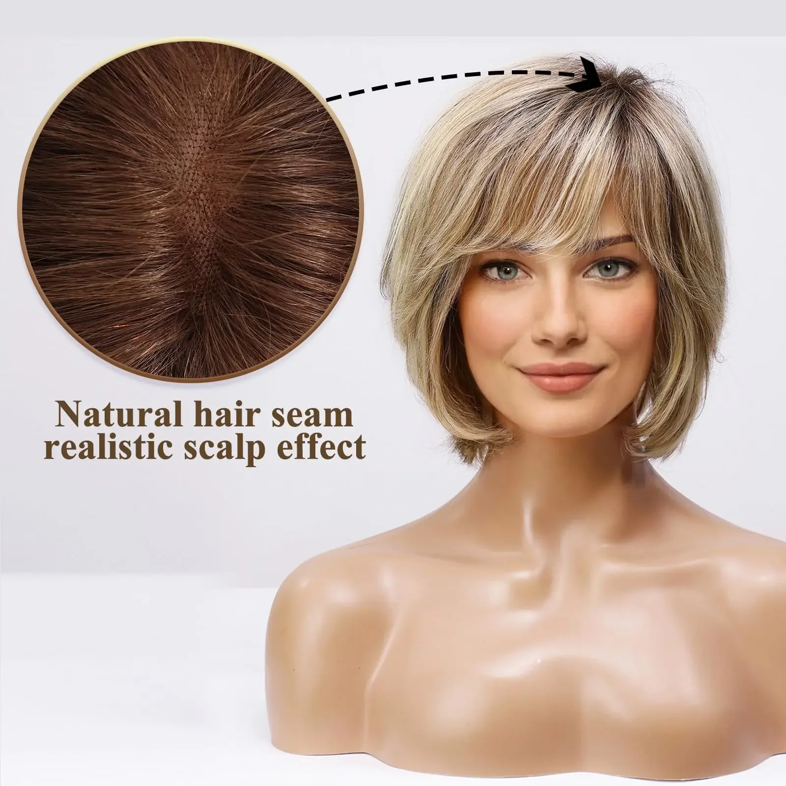 Parrucche frontali in pizzo con capelli umani biondi e castani ombré, corte, naturali e ondulate, Remy, per donne bianche_voghion.com