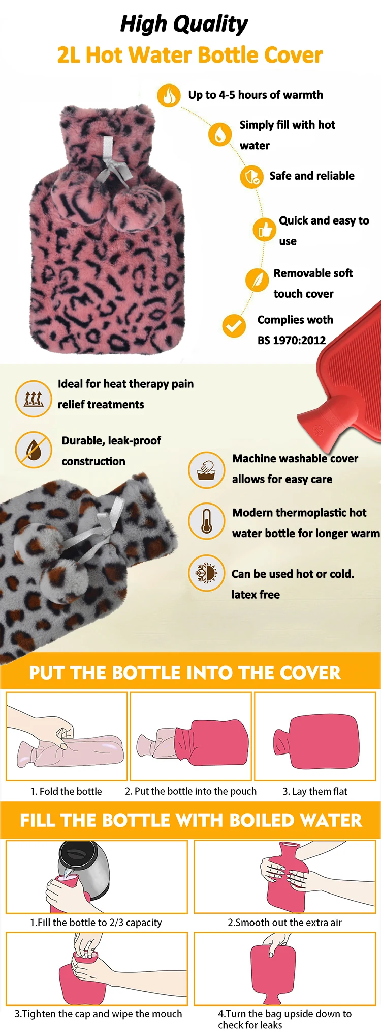 winter 1 liter 2 liter rubber hot water bottle bag plush classic leopard print cover for hand warming