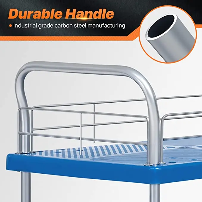 2 Tier Heavy Duty Utility Cart with Handle Bar Serving Cart 300kg Load Double Layer Platform Trolley with Four Wheels