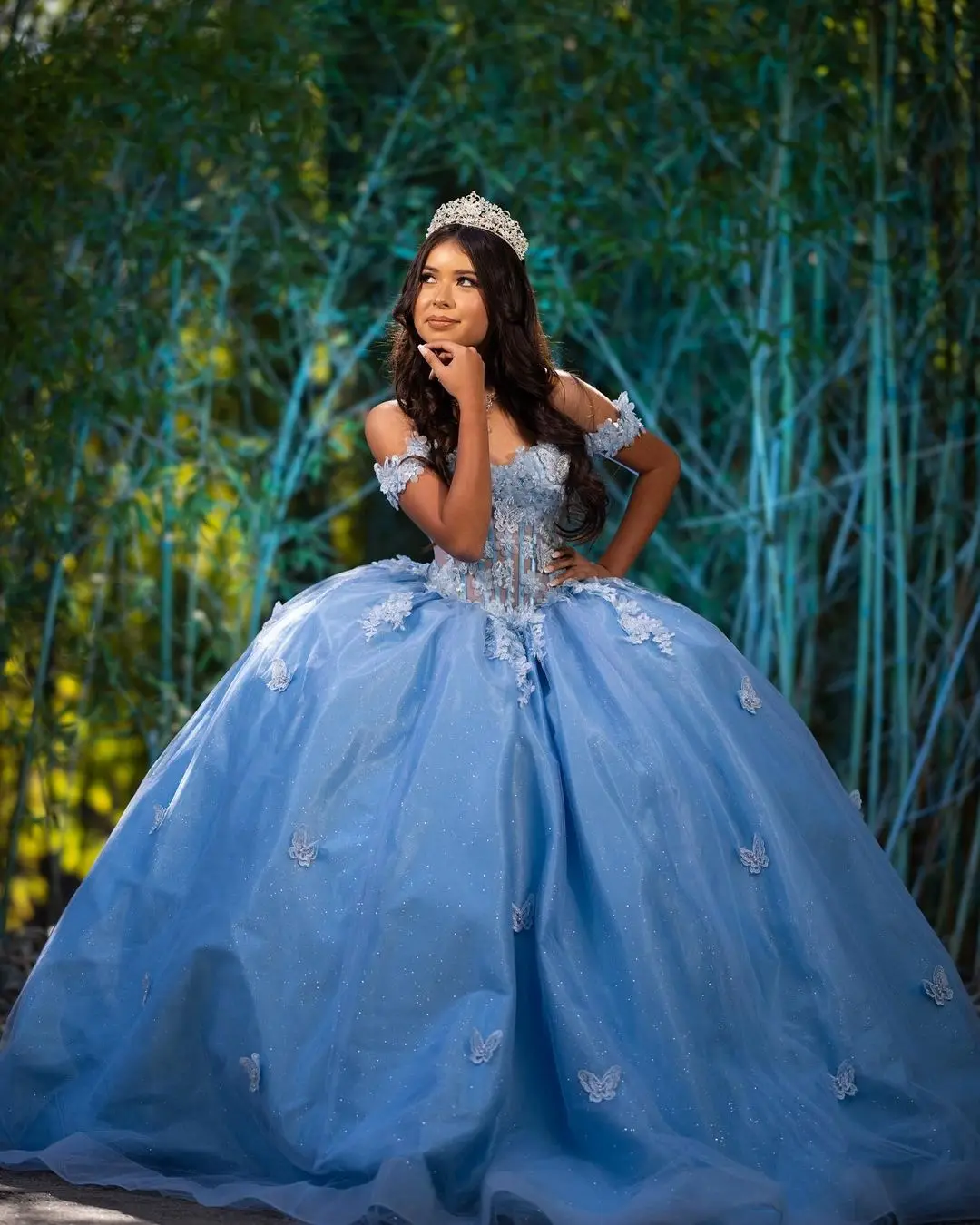 blue butterfly quince dress Dreamyannie UK Elegant Ball Gown Off Shoulder 3D Butterfly Lace Appliqued  Sky Blue Tulle Quinceanera Dress Princess Cocktail Party Gown Sweet 16