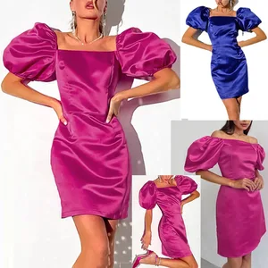Custom Casual Club Party Square Collar Puff Short Sleeve Summer Plain Pink Satin Dresses for Women