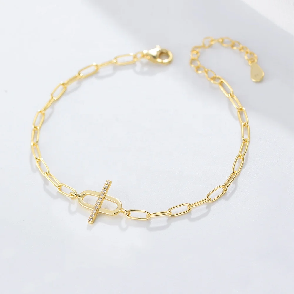 Best Selling 925 Sterling Silver Hypoallergenic Jewelry 3a White Cz Paper Clip Chain Korean Bracelet