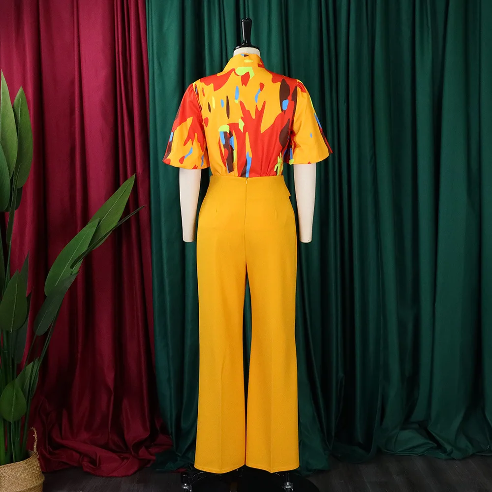 Moxidress Unique Print Lantern Long Sleeves Blouse Shirt and Wide Leg Pants Holiday Outfit Set