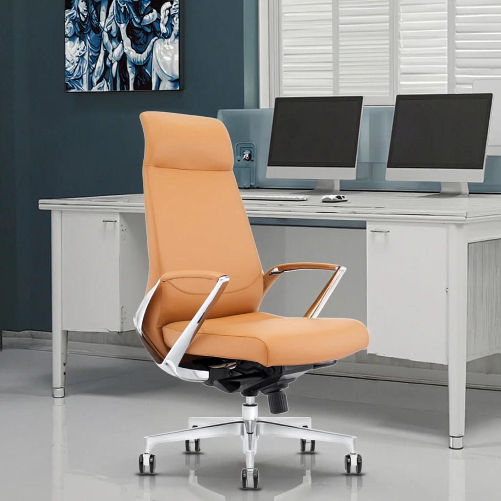 Top Grain Leather Executive Chair Reinforced Steel Core Telescopic Column Commercial Grade 5