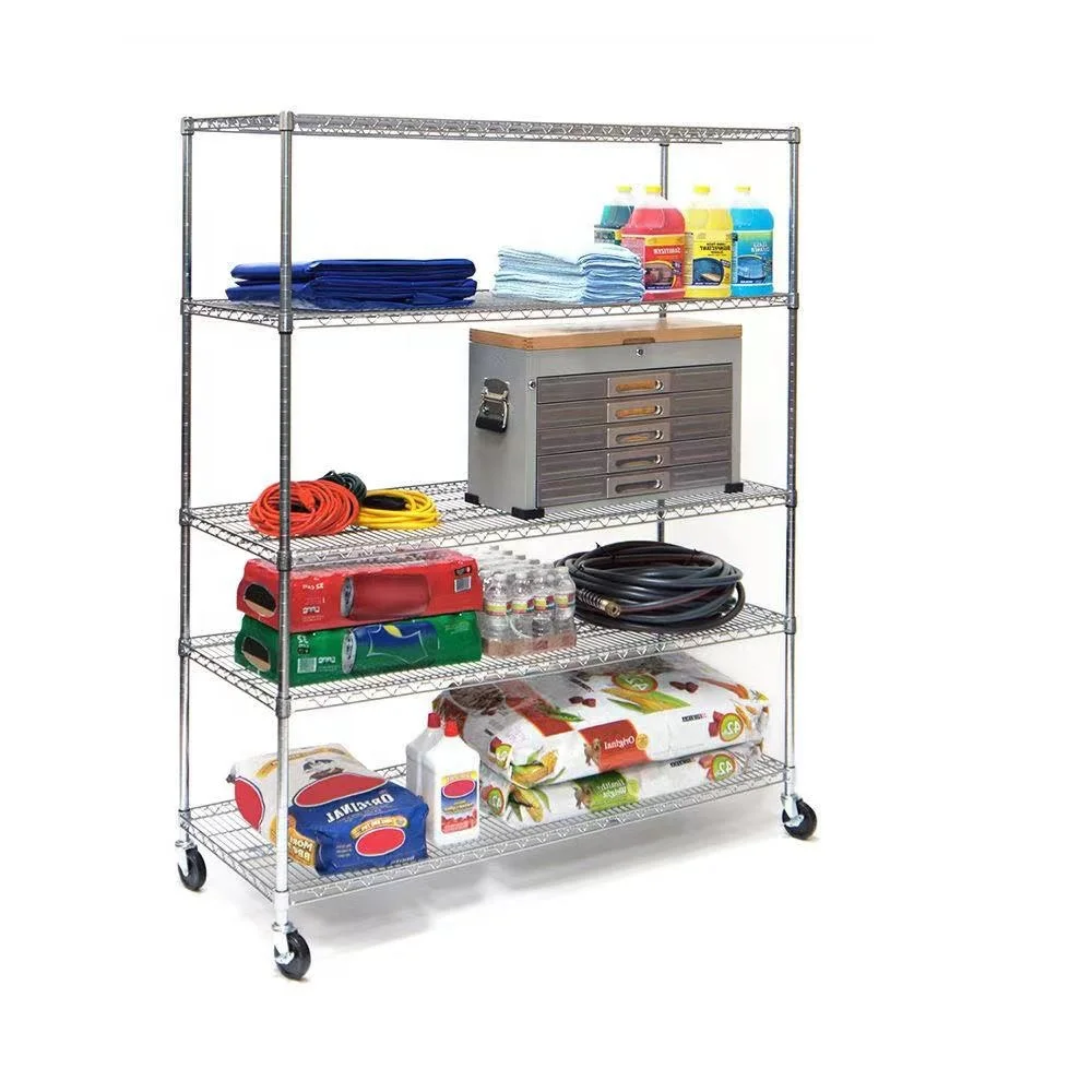 5 Tier Layer Shelf Adjustable Rolling Movable Chrome Metal Wire Shelving Rack with Wheels