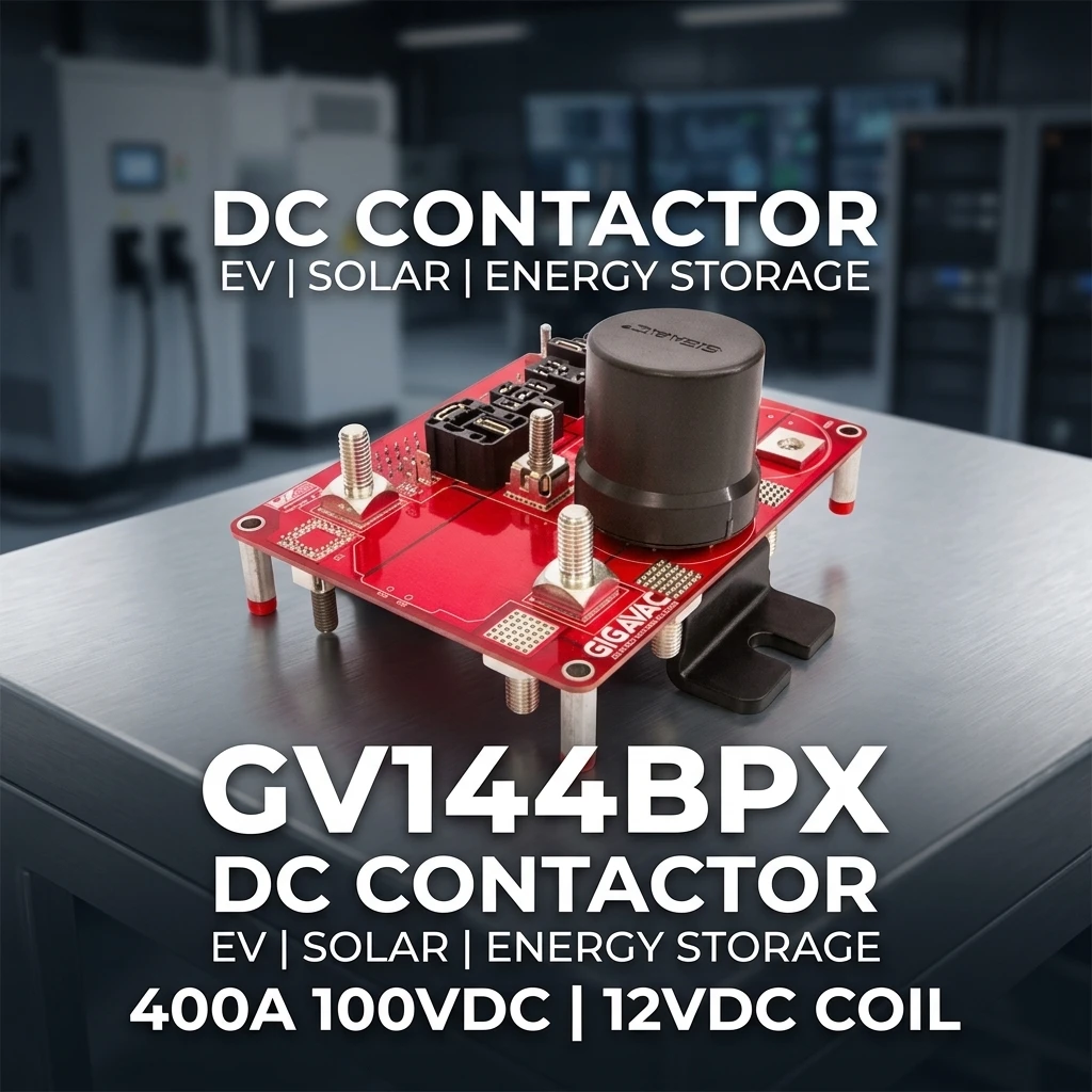 รีเลย์พลังงานชิ้นส่วนความแม่นยำ GV144BPX สำหรับ Sensata-Gigavac กระแสไฟฟ้า 400A, แรงดันไฟฟ้าตรง 12VDC และ 100VDC แบบระบุค่าตามมาตรฐาน (Nominal), มีขาต่อแบบ PC Pin, ความเร็วในการสลับสถานะอย่างรวดเร็วสำหรับแบตเตอรี่รถยนต์ไฟฟ้า (EV)