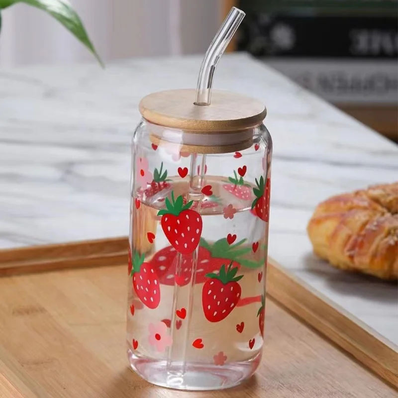 Eco-friendly Strawberry Glass Cups Heat Resistant Coffee Glass Mugs 16oz  Water Drinking Glasses with Straw and Bamboo Lid| Alibaba.com