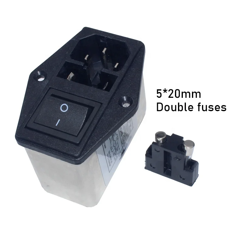 Industrial EMI Double Fuse Holder with Rocker Switch and 10A Socket Plug Filter for Industrial Applications