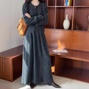 Ladies Outfits O-Neck Knitted Cardigans With A-Line Long Skirt Winter Clothes Tops Tracksuits Women Two Pieces Suits