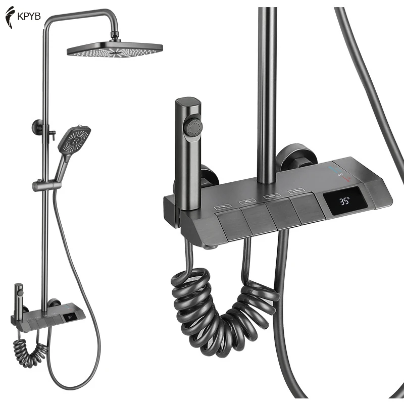 Rain Shower Bathroom Mixer Faucet Intelligent Valve Core Brass Gun Gray