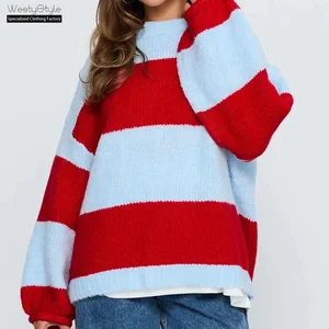 European American Women's Loose Crewneck Pullover Sweater Autumn Winter Collection Long Knitted Striped Anti-Pilling Front