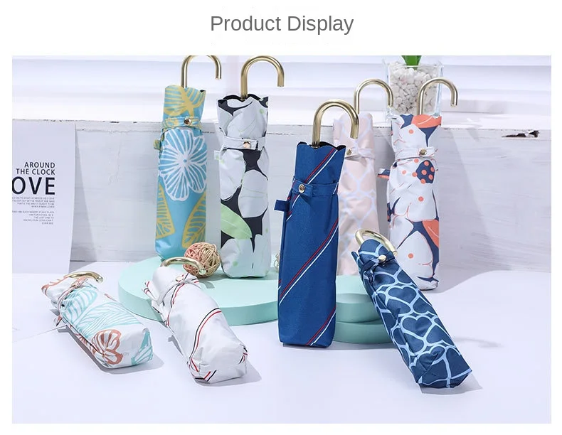 Printing 6k Three Folding Pocket Rain Ladies Sun Umbrellas Semi-Automatic J Shape Handle Umbrella