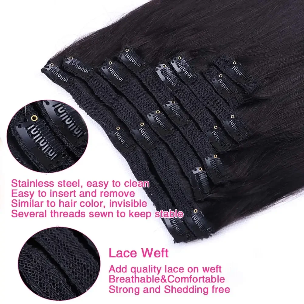 Gerade Clip-In-Haarverlängerungen, Echthaar, brasilianisches Naturschwarz, 10-26 Zoll, Remy-Haar, 120 g_voghion.com