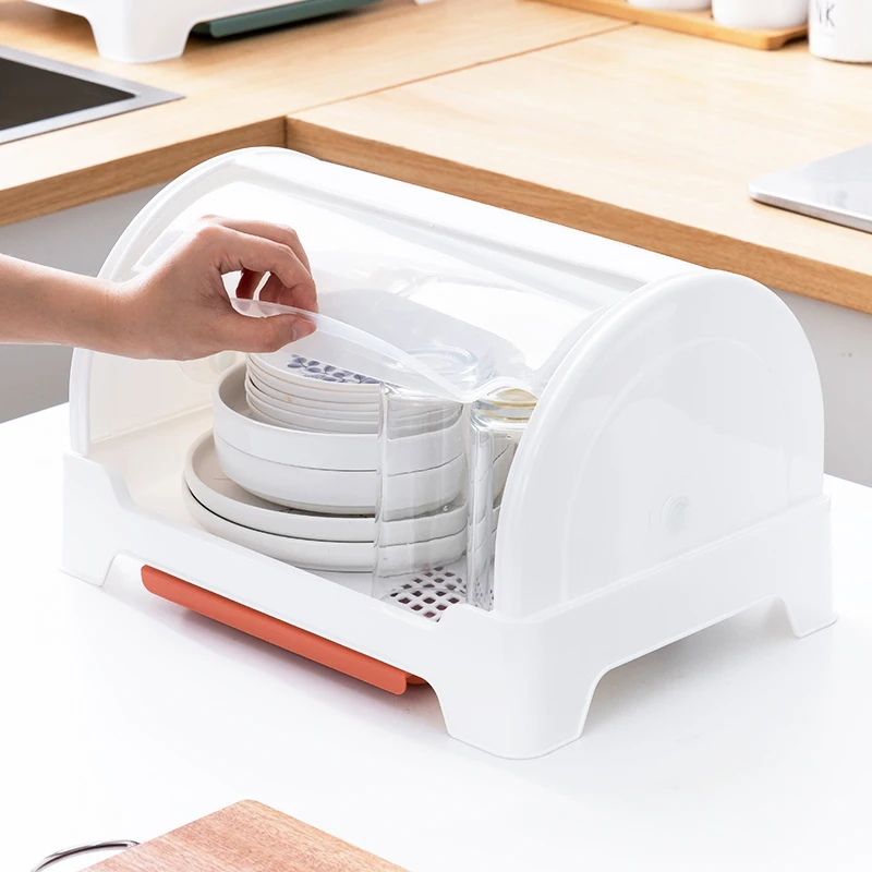 Slide Cover Dish Rack Kitchen Storage Containers Plastic Kitchen Dish Rack Bread Box Dish Drying Rack With Draining Tray