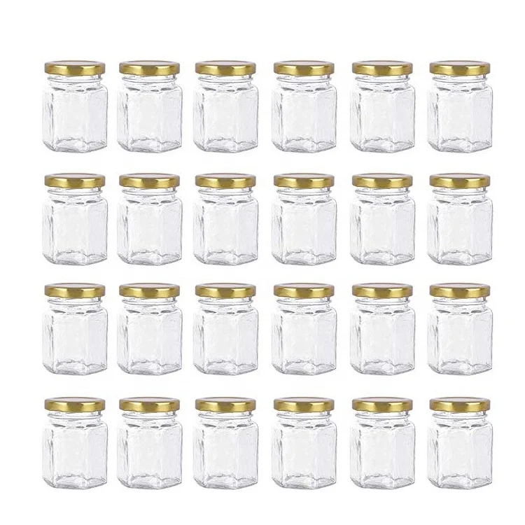 32 Pcs 1.5 oz Hexagon Jars/Glass Jars with Gold Lids, Small Mason