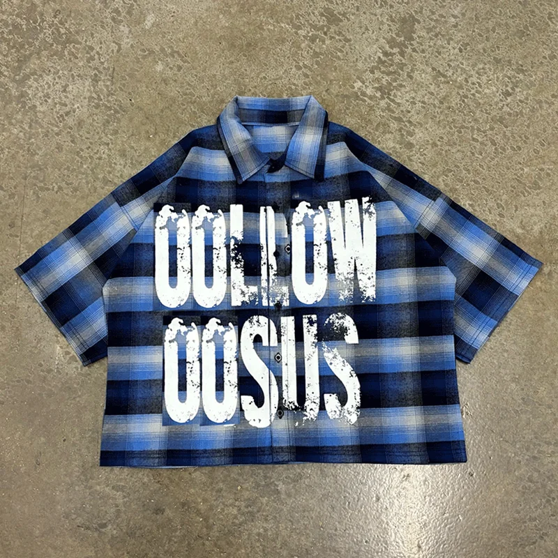 Salati Custom Designer Print Logo Cropped Vintage Shorts Sleeve Button Down up T-shirts Check Tshirts Plaid Flannel Shirts Men gallery 7