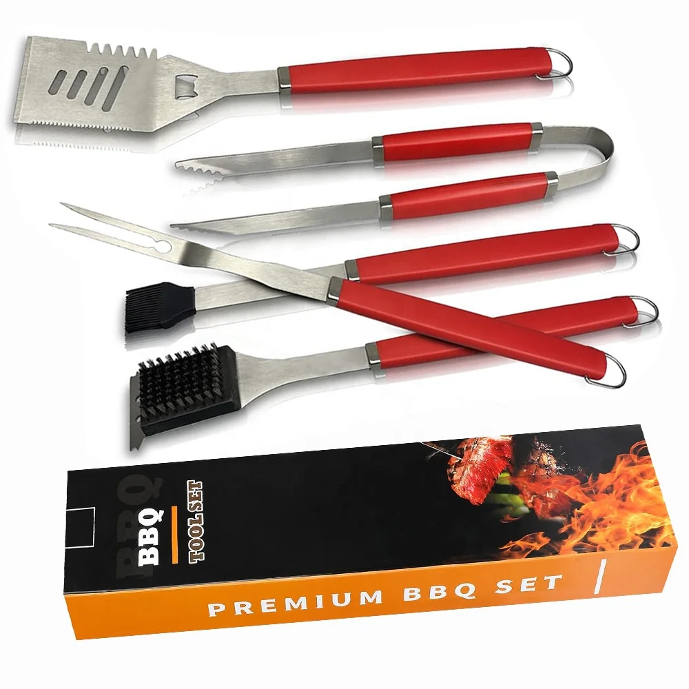 Set of 5 Factory Wholesale Colorful Plastic Handle BBQ Tools Set for Outdoor Barbecue Camping Barbecue Accessories Grill