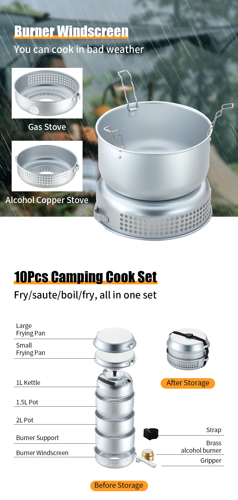 Factory Wholesale 10 Pcs Magic Cooking Pot Camping Cookware Aluminum Cooking Pot With Alcohol Burner details