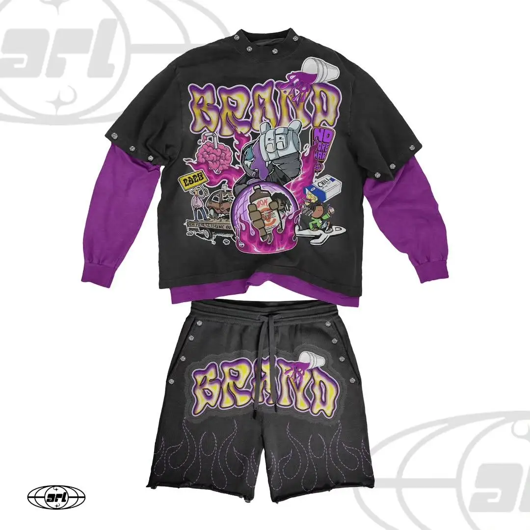 Brugerdefinerede tracksuits i ren bomuld med løse shorts og fuld sæt af t-shirts med direkte-til-garment-print (DTG), herresæt af t-shirts