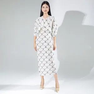 African Dresses for Women Clothing Miyake Pleated Bat Sleeve Print Dress Women Fashion V Neck Color Block Elegant Dress