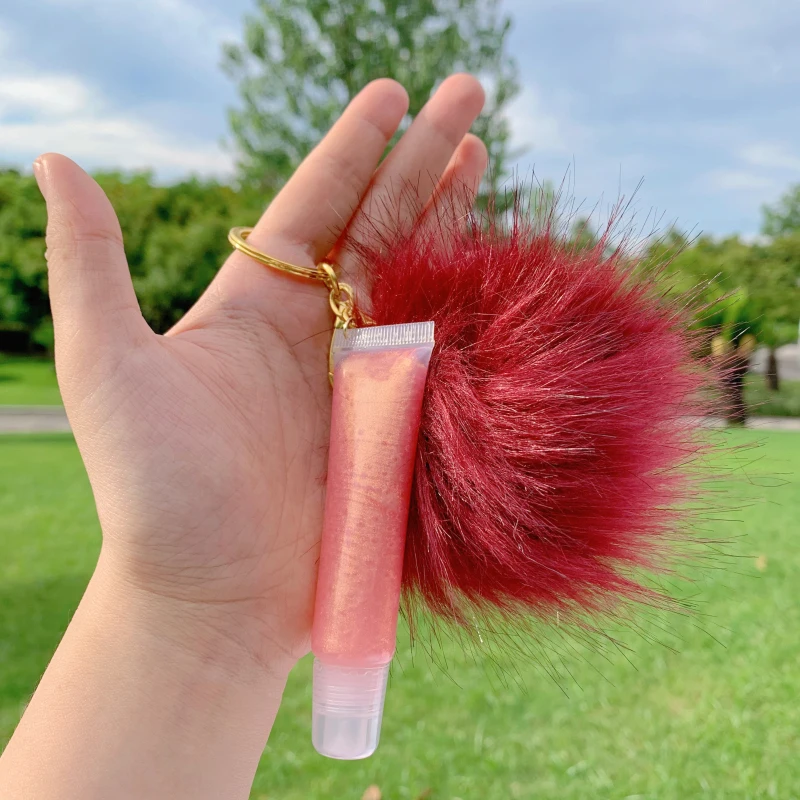 
 Блеск для губ, база, частная торговая марка, прозрачный фруктовый брелок, плюшевый помпон, фруктовый вкус, макияж, веганский блеск, оптовая продажа, масляный блеск для губ  