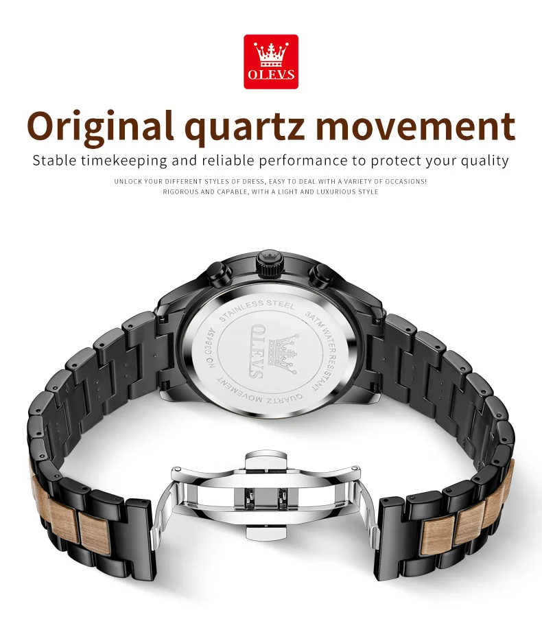 Olevs 3645 Quartz Chronograph Men Calendar Watch Round Textured Solid Wood Luxury Glass Luminous Hands Business Watches for Men