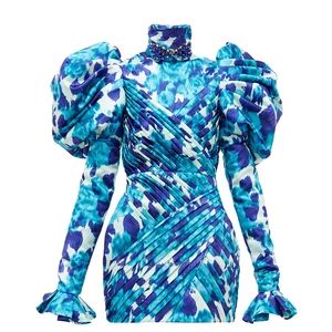 Fashion Long Puff Shoulder Floral Print Pleated Mini Dress Party Women Dresses