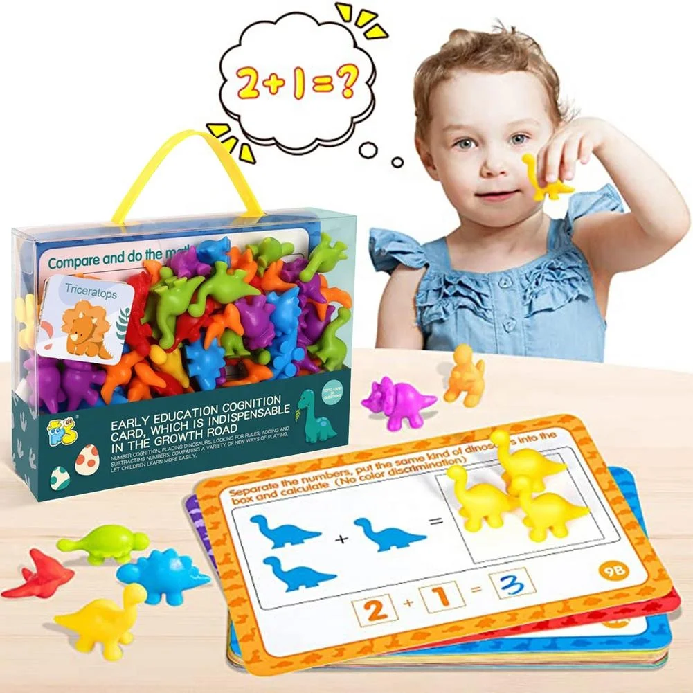 Rainbow Color Counting Soft Rubber Cognitive Sorting Dinosaur Toy Montessori Color Classification Learn Toys with Question Cards