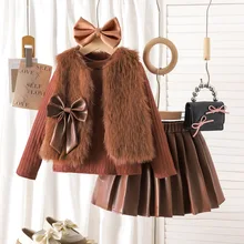 Autumn and Winter Trendy Girls Set Solid Color Long-Sleeved Top Casual Vest Pleated Skirt