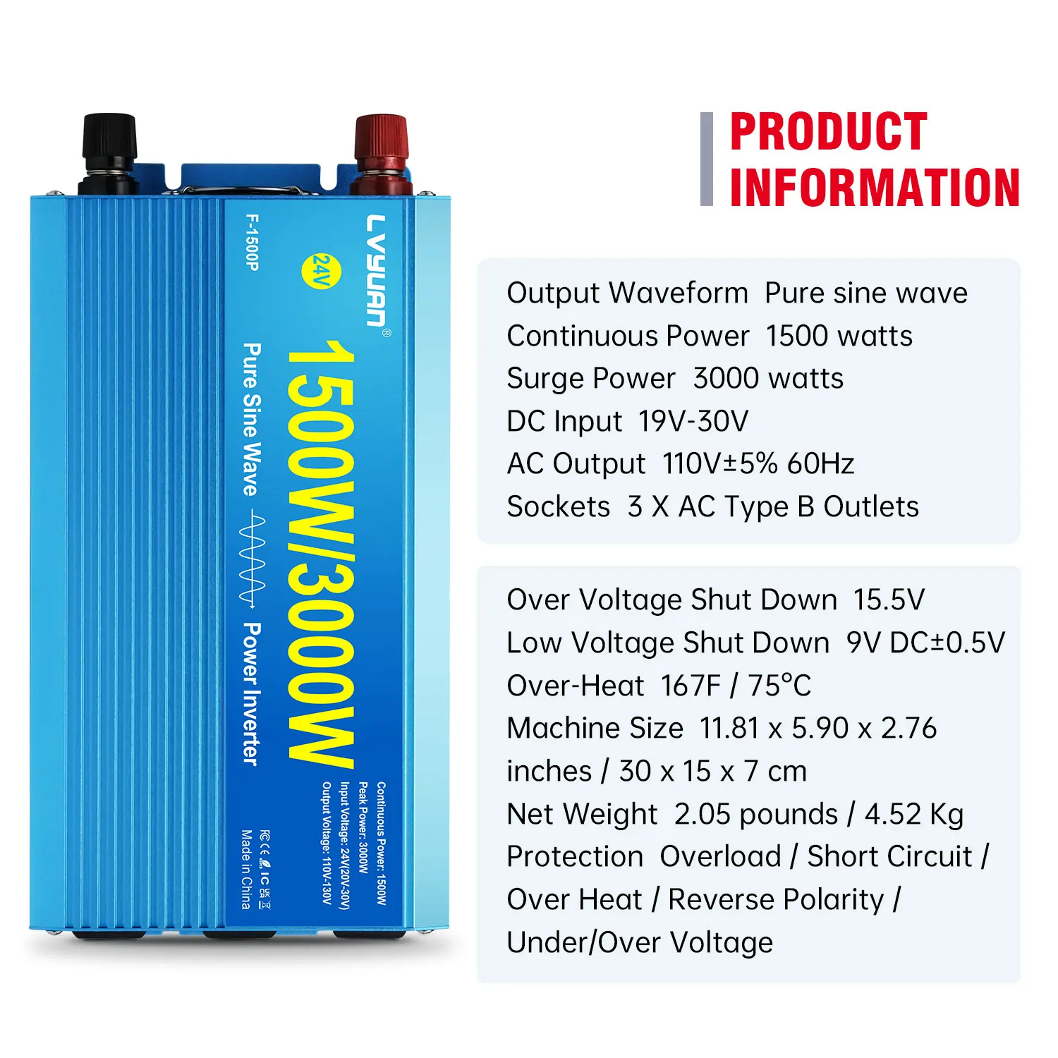 Lvyuan ピュアサイン波インバーター 1500W/3000W 12V 24V 48V 72V 変換器