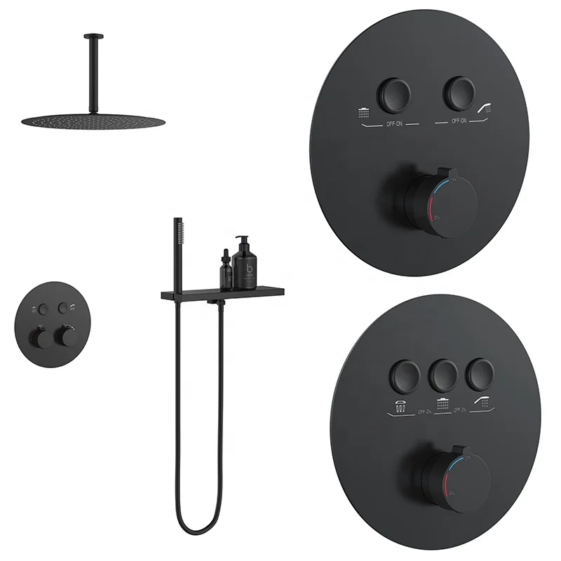 Luxury Matte Black 3 Functions Thermostatic Shower Brass Hotel Bathroom