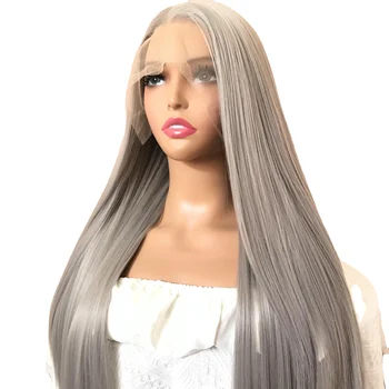 Long Grey Silky Straight Synthetic Lace Front Wigs For Women Girls Glueless Synthetic Half Hand Tied Wig Free Part Daily Used