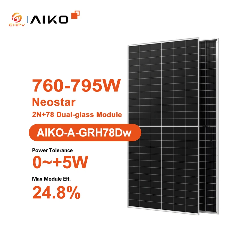 Aiko 760W-795W N-Type Bifacial Solar Panel, Dual Glass, Anodized