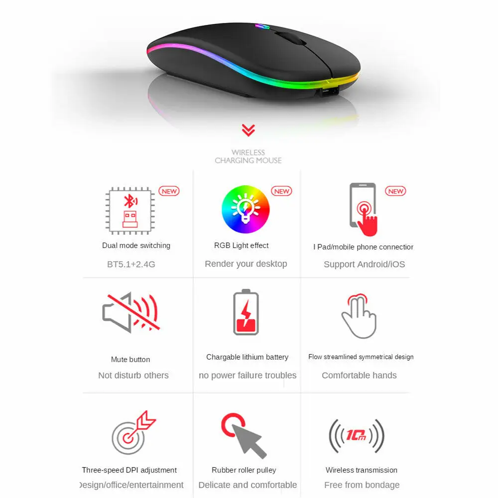 Беспроводная мышь wireless mouse как подключить Высококачественная Ультратонкая Бесшумная Мышь 2,4 Ггц,7-цветная Светодиодная Пе