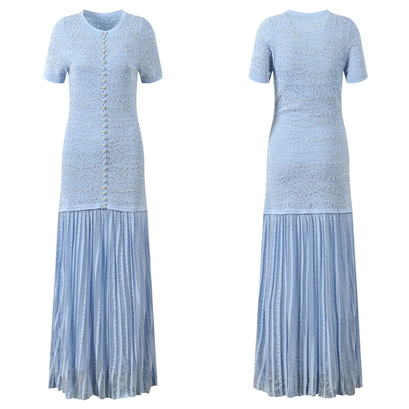 A11787 French Imitation Pearl Neck Dress Spring Commuting Fashion Lace Jacquard Pearl Button Maxi Length One Size Empire