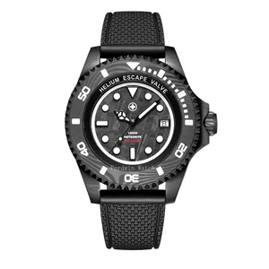 Hand Made Sellita Mechanical Damascus Men's Diver Watch Luminous Markers Rubber Sapphire Crystal Dial Helium Escape Water