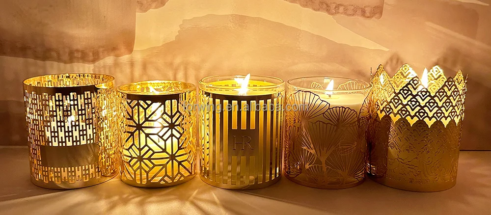 Hot Sale Custom Pattern Glass Candle Jar with Metal Holder Sleeve  for Home Decor Lanterns & Candle Jars factory