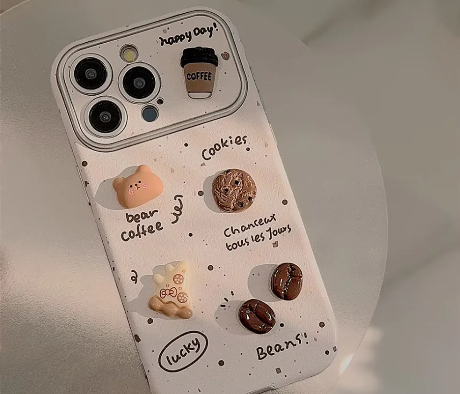 Splash-ink 3D Coffee Bear Handmade  Phone Cover Electroplated Frame Big Window Cell Phone Case for Iphone 16 15 14 13 12