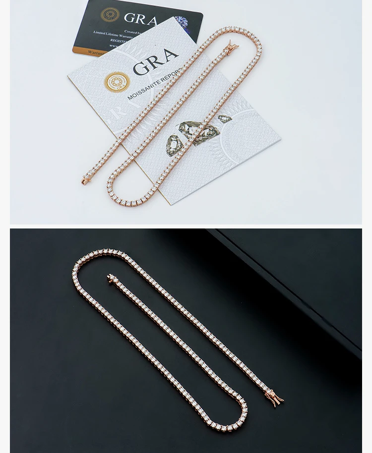 customized 3mm 16in 18in mossanite moissanite 925 sterling silver fashion jewelry rose gold plated tennis necklaces for women