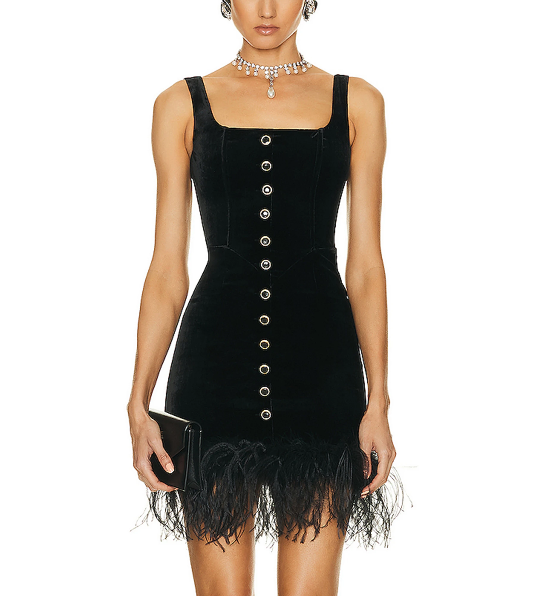 Chest Less Dresses Slip Dresses Sleeveless Chest Row Button Design Skirt Hemline Feather ...