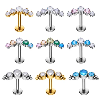 G23 Titanium Ear Studs 3 Round Zircon Paved and 5 Round Top Tragus Earrings Lip Stud Labret Threaded Piercing Jewelry