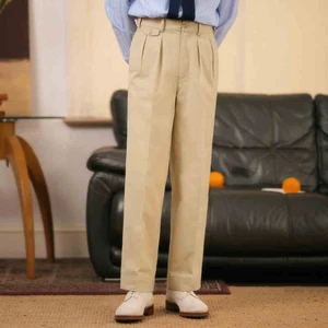 100% Cotton Retro High Waisted Double Pleated Twill Khaki Pants for Men's Casual Straight Leg Thick Pants