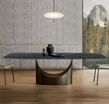 Modern Furniture Simple Style Nordic U-Shape Base Black Stone Top Long Dining Table For Dining Room
